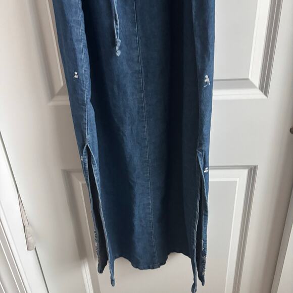Vintage 90s FACETS Denim Maxi Dress Embroidered Cottagecore Square Neck Sz 14 - Picture 6 of 16